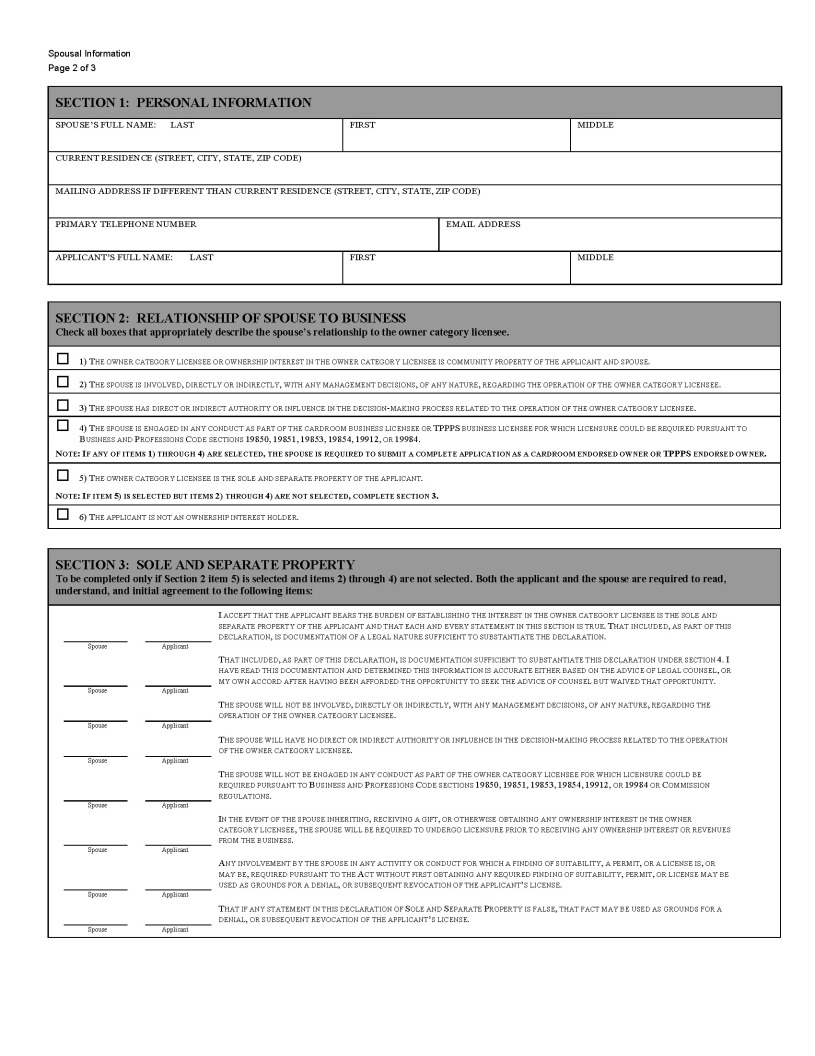 This is a picture of the Spousal Information CGCC-CH2-12 (Rev. 10/23) form Page 2 of 3.