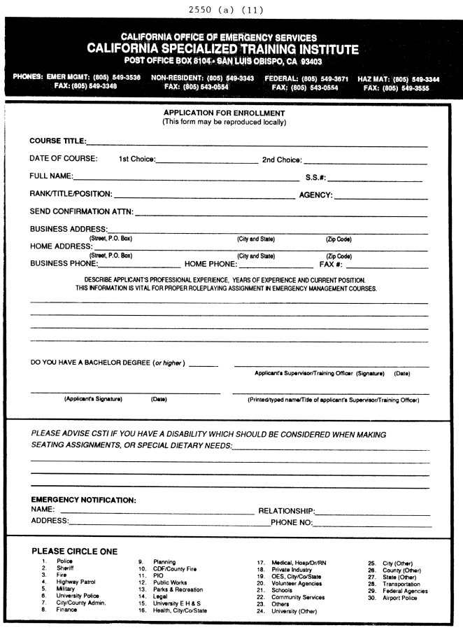 Application for Enrollment 2550(a)(11) collects student applicant details for California Office of Emergency Services California Specialized Training Institute.