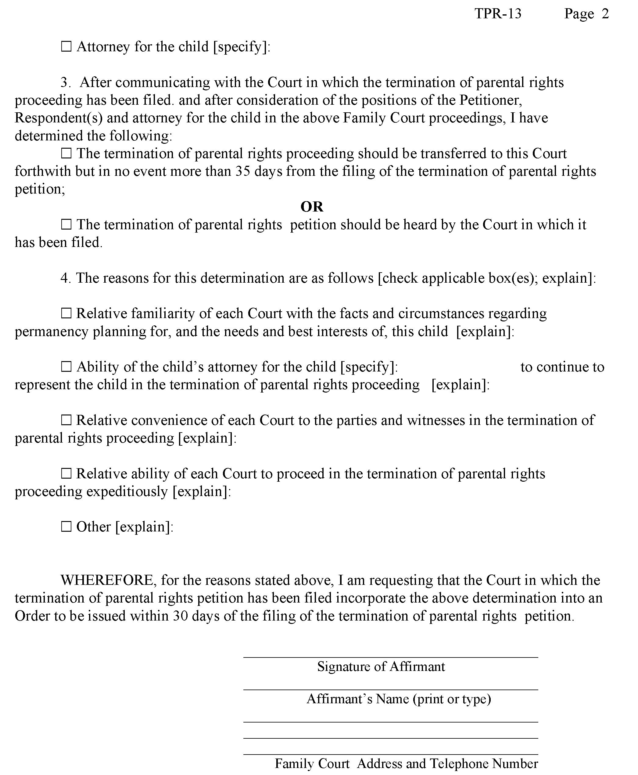 What is contained in a document for termination of parental rights?